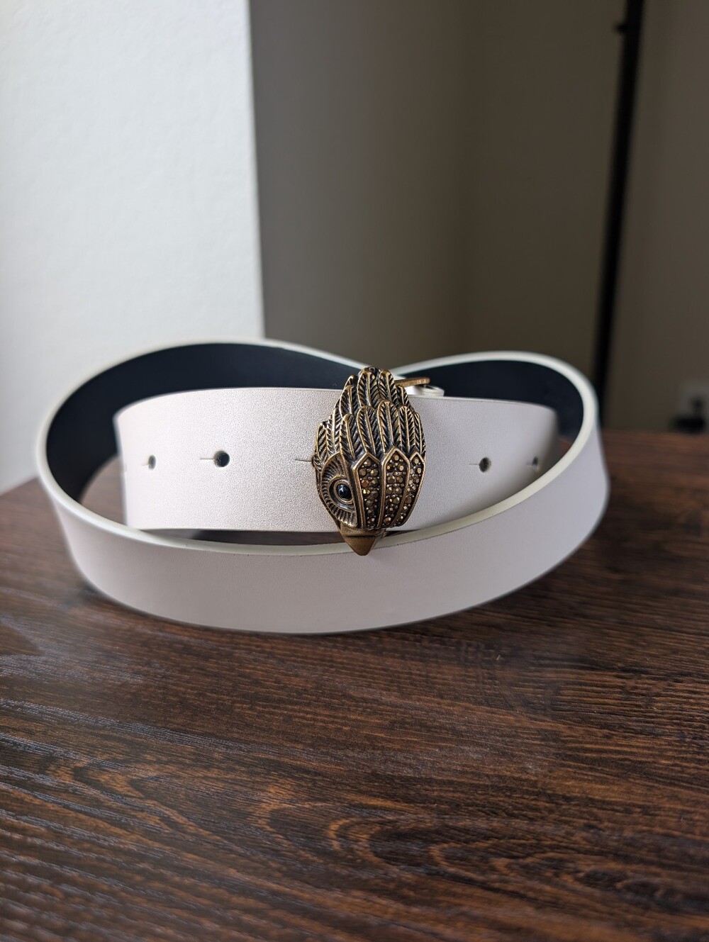Kurt Geiger 20 Antique Brass Eagle Head Cream Nude Leather Belt